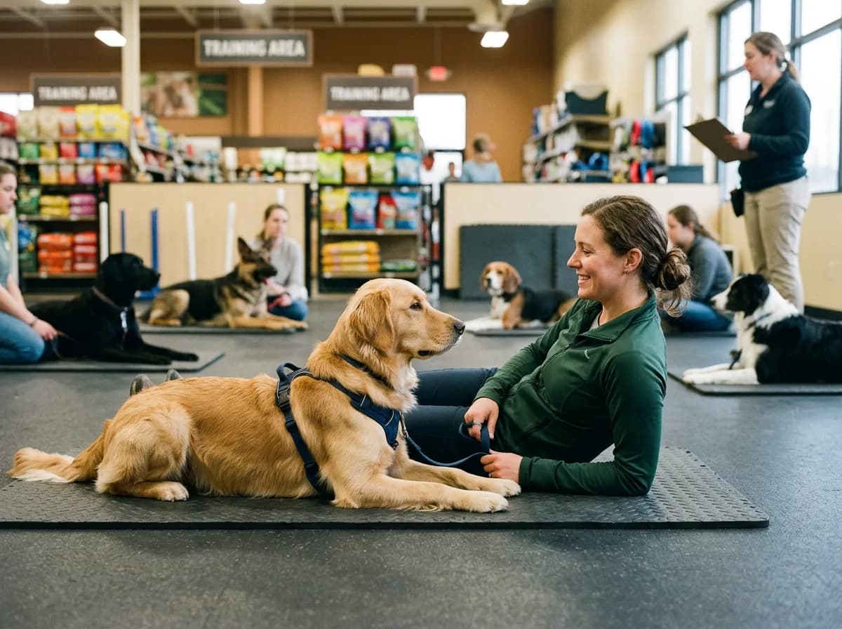 a dog and handler in a group obedience class at a pet-store training area