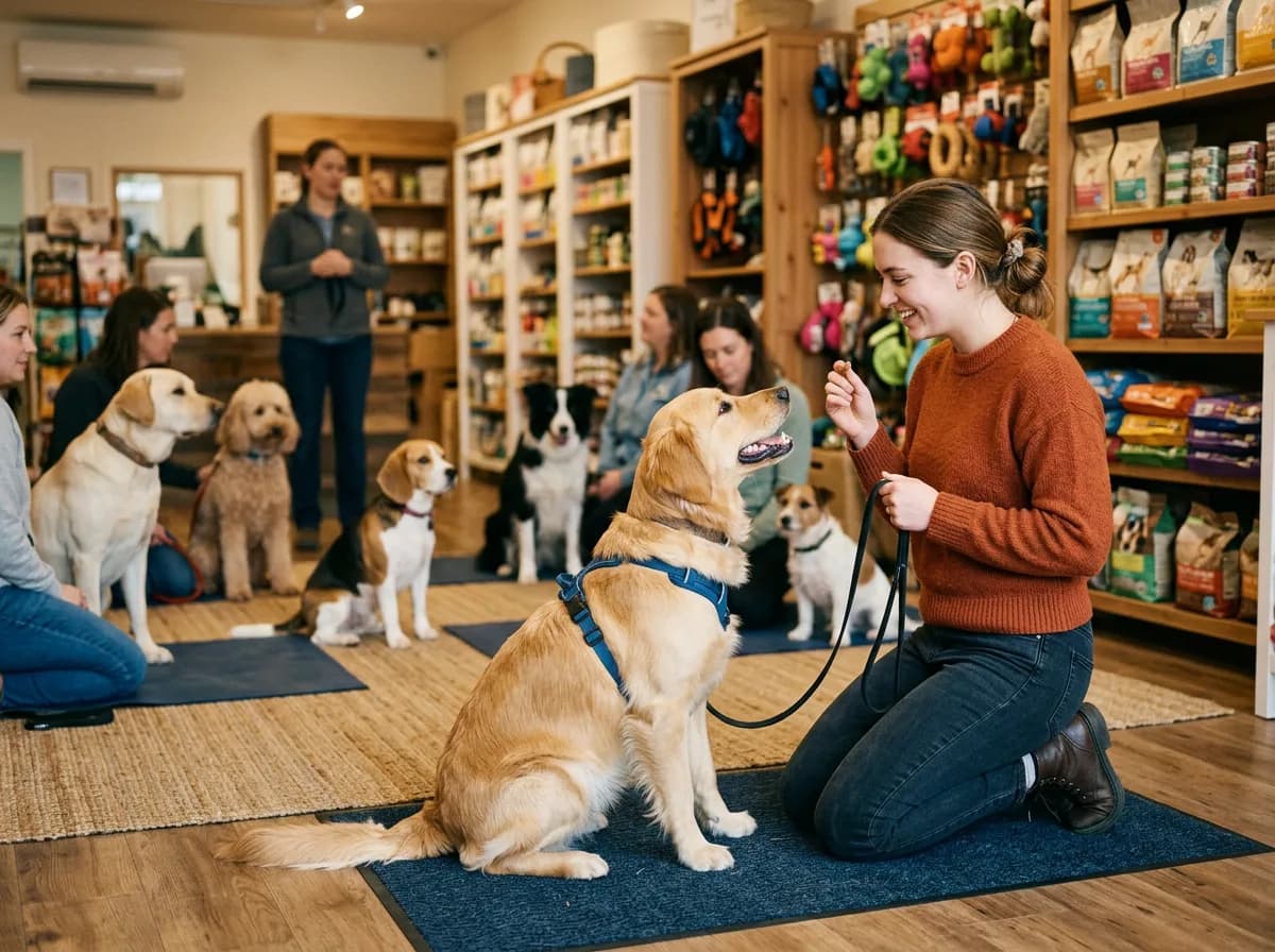 a dog and handler in a group obedience class at a pet-store training area