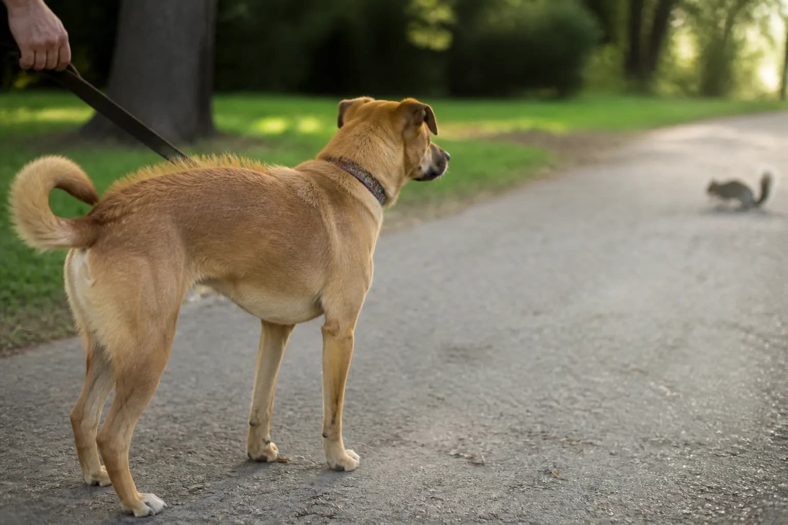 A leashed dog standing alert with raised hackles while watching a distant squirrel on a park path