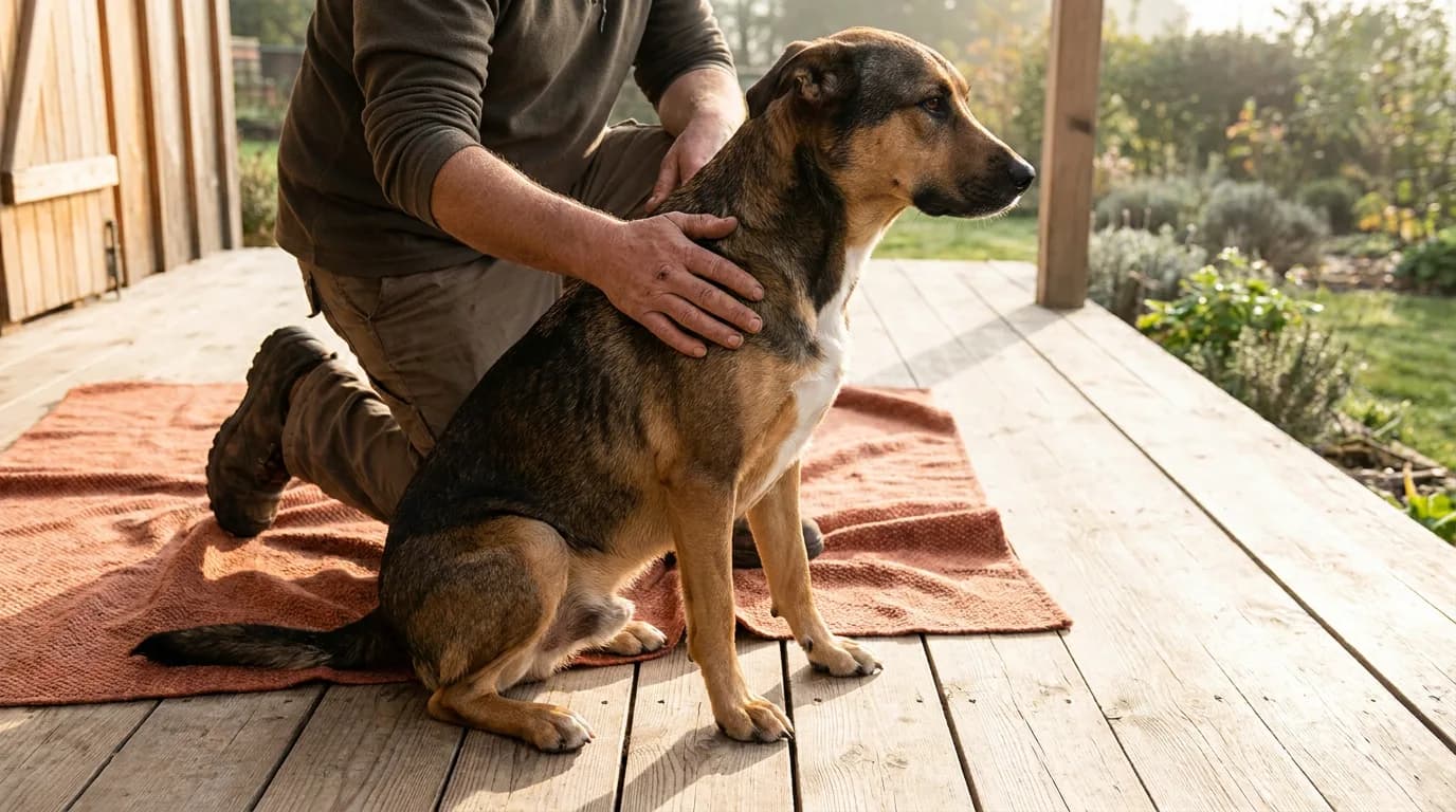 Owner resting a hand on a sable mixed dog seated on a wooden porch.