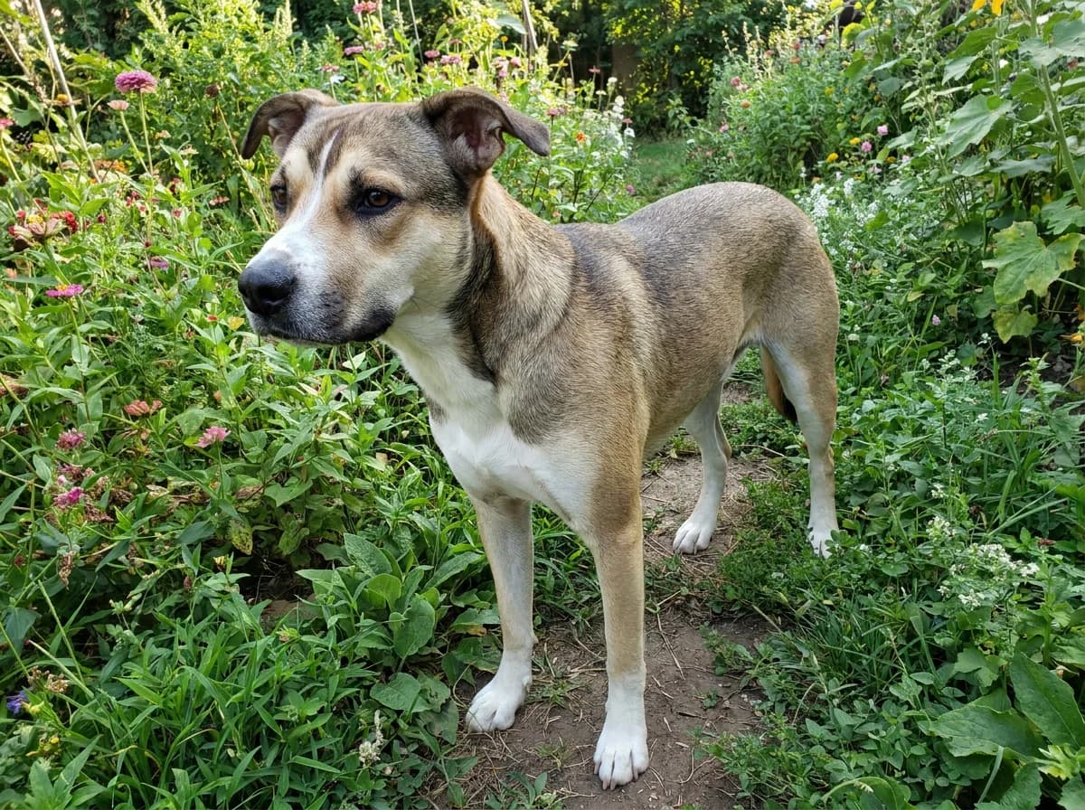 Sable and white mixed dog with semi-pricked ears standing in a garden.