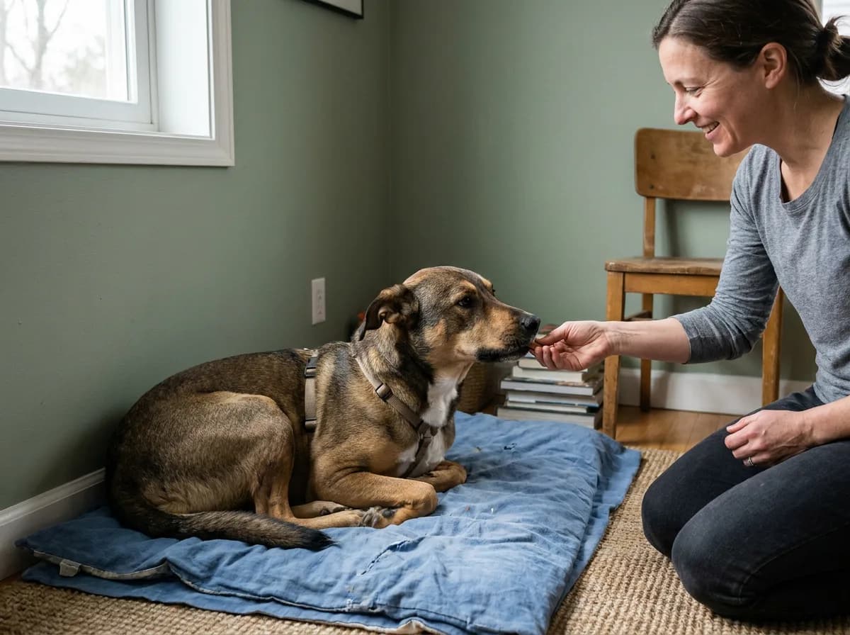 Owner rewarding a mixed dog for resting on a blue mat.