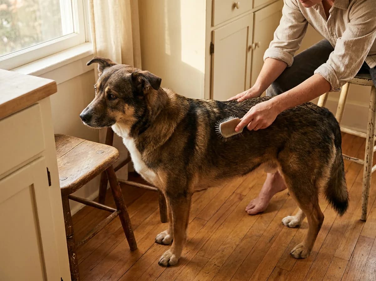 Adult brushing a sable dog’s coat beside a window.