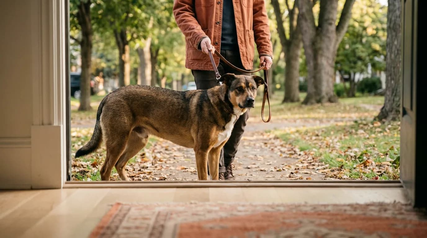 Sable mixed dog standing beside its owner at a garden doorway.