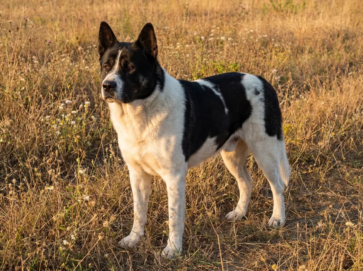 Black and white muscular mixed dog with upright ears standing in a meadow.