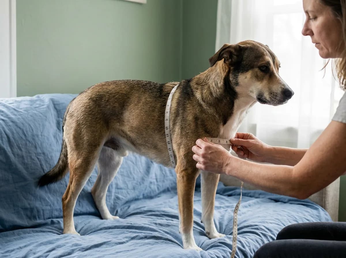 Adult measuring a mixed dog’s chest with a soft tape.