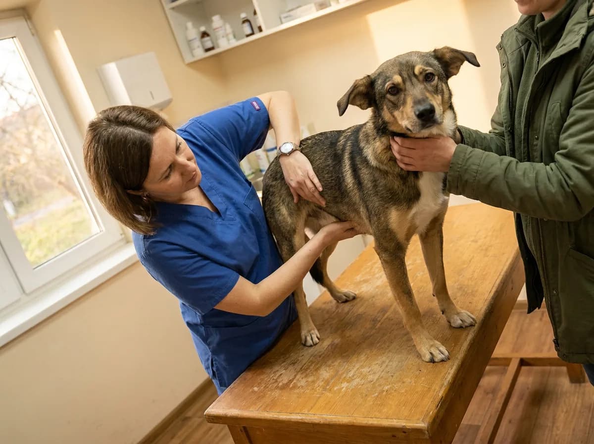 Veterinary professional checking a mixed dog’s body condition.
