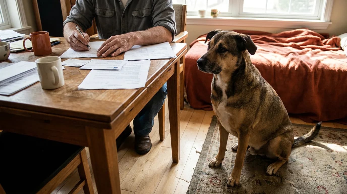 Mixed-breed dog seated beside an owner reviewing paperwork at a table.