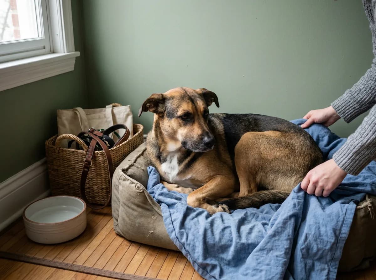 Mixed-breed dog resting in a bed beside a water bowl and basket of walking supplies.