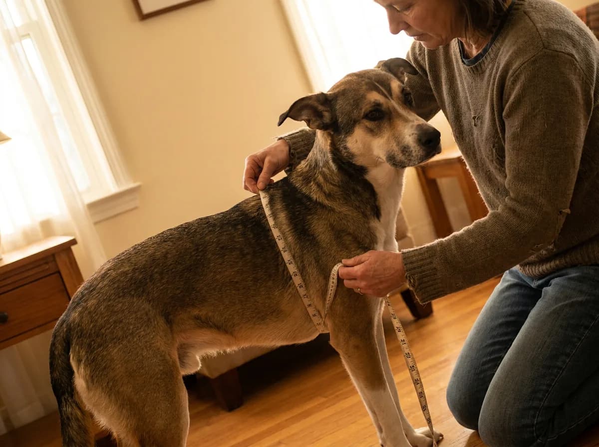Adult using a flexible tape around a mixed-breed dog’s chest.