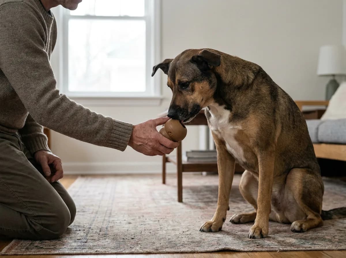 Adult offering a food toy to a seated mixed-breed dog.