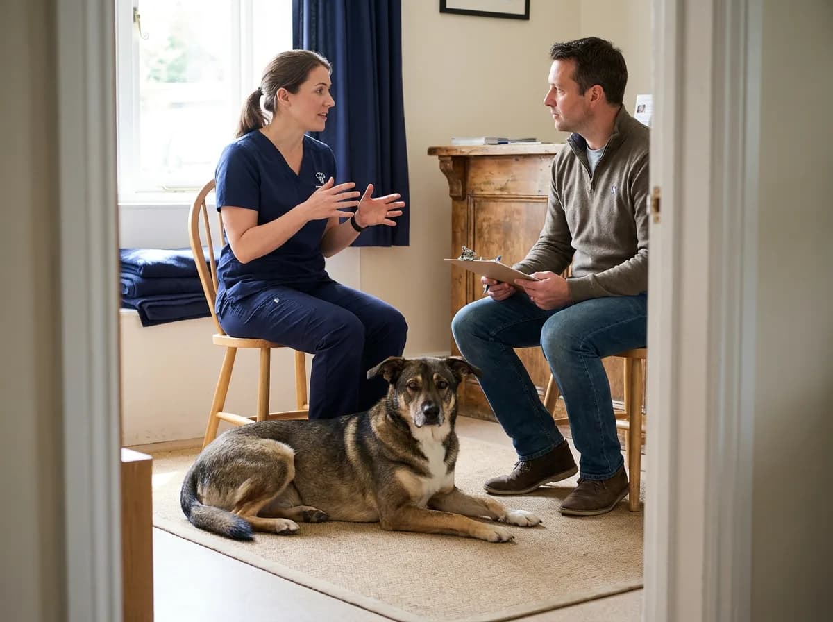 Owner and veterinary professional discussing care while a dog lies between them.