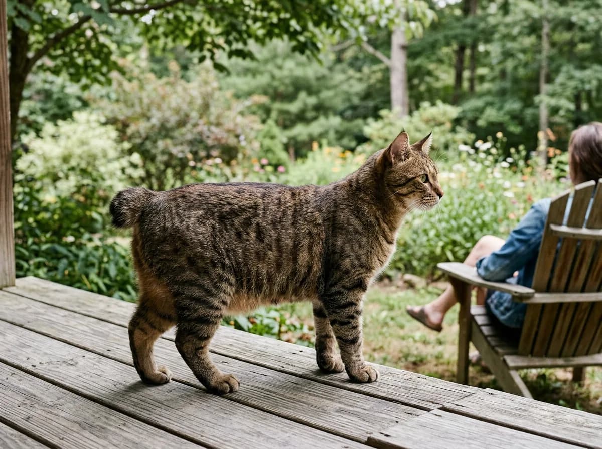 A Pixie-Bob cat outdoors clearly showing its short bobbed tail.