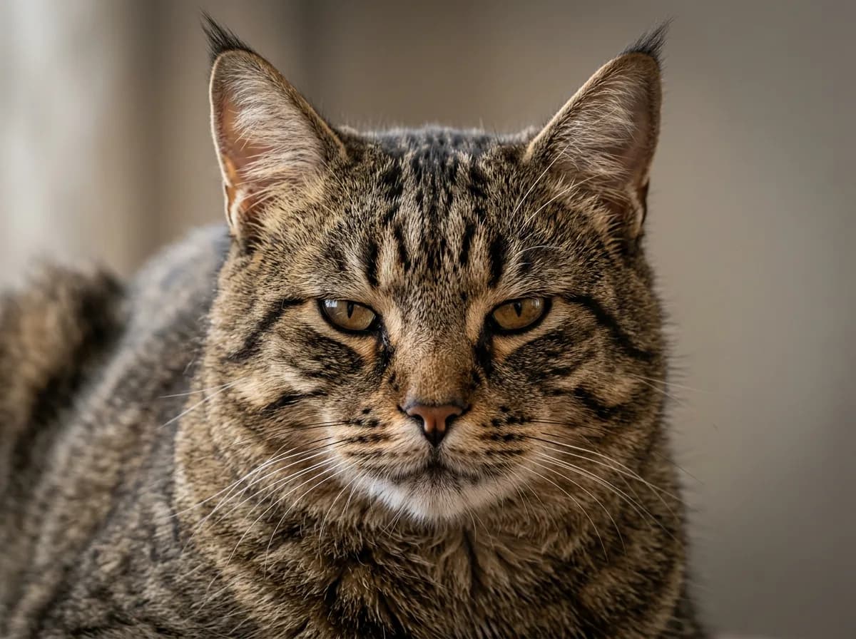 Close up of a pixie-bob cat face showing the hooded brow, mascara facial markings, and lynx-tipped tufted ears.