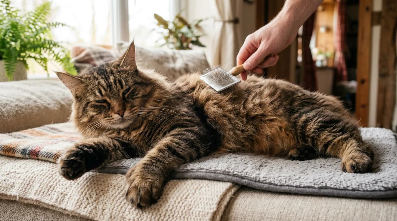 A long-haired pixie-bob cat being gently brushed, showing its thick woolly double coat and reddish-brown spotted markings.