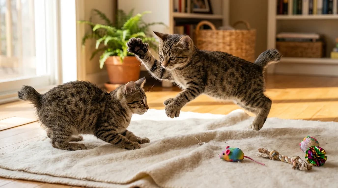 Two pixie-bob kittens with spotted coats and short tails playing together on a soft blanket indoors.