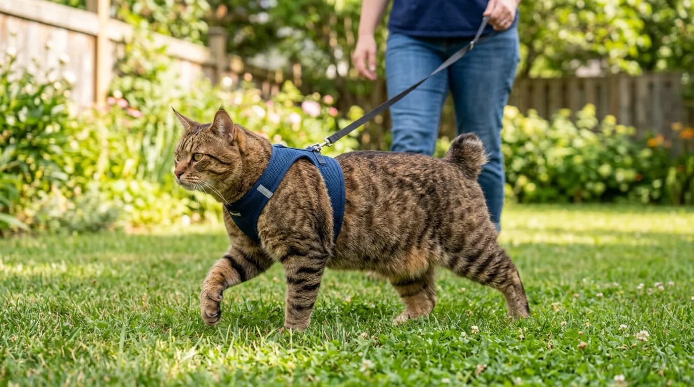 A pixie-bob cat walking outdoors on a harness and leash through grass, alert and confident, with a person cropped out of frame holding the leash.