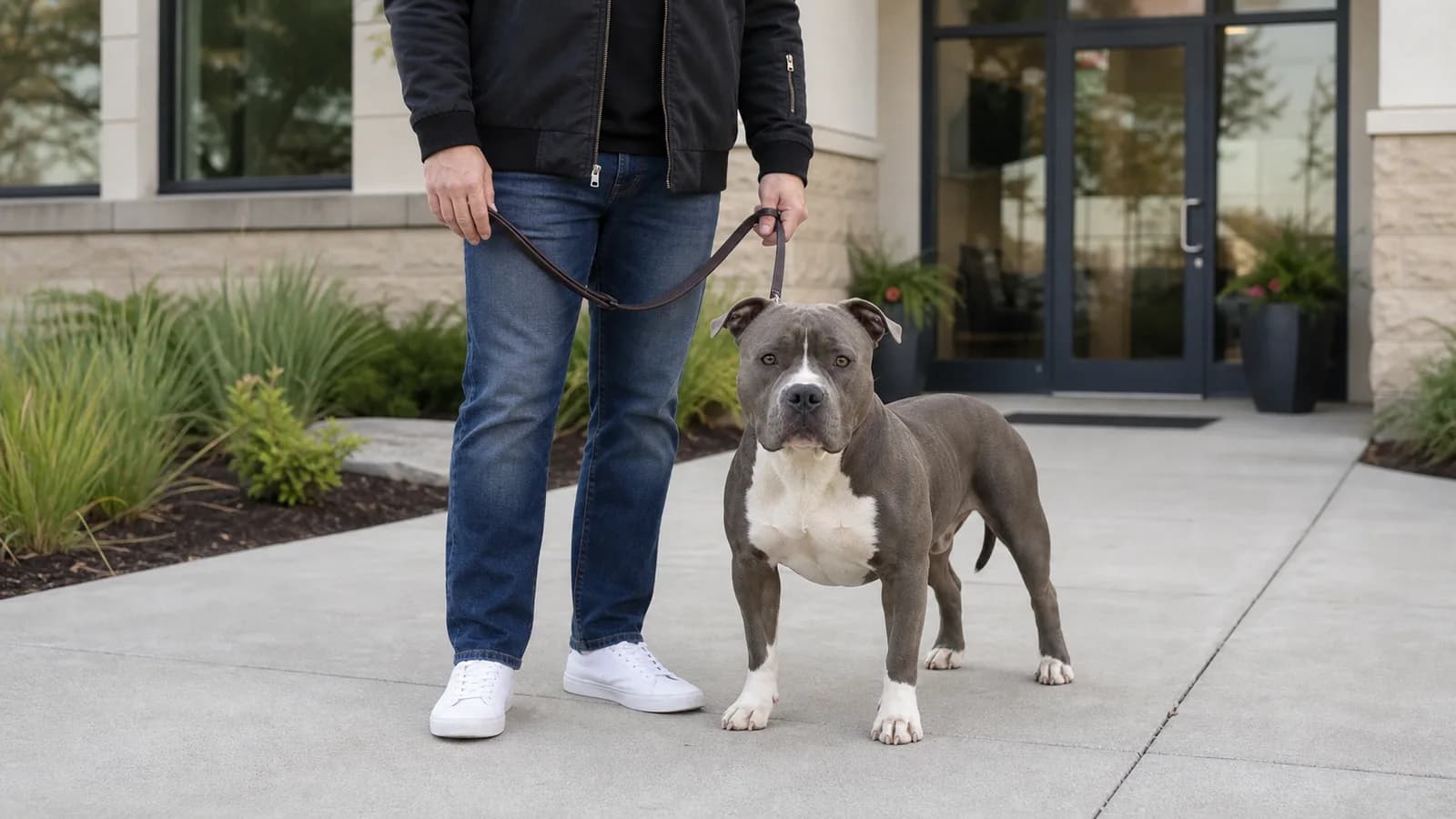 Healthy adult Pocket American Bully standing squarely beside an owner with its full body and paws visible