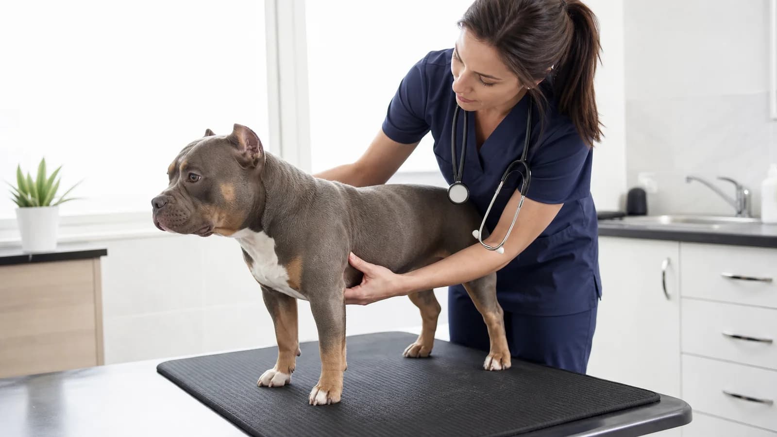 Veterinarian assessing gait and body condition on a calm adult Pocket American Bully