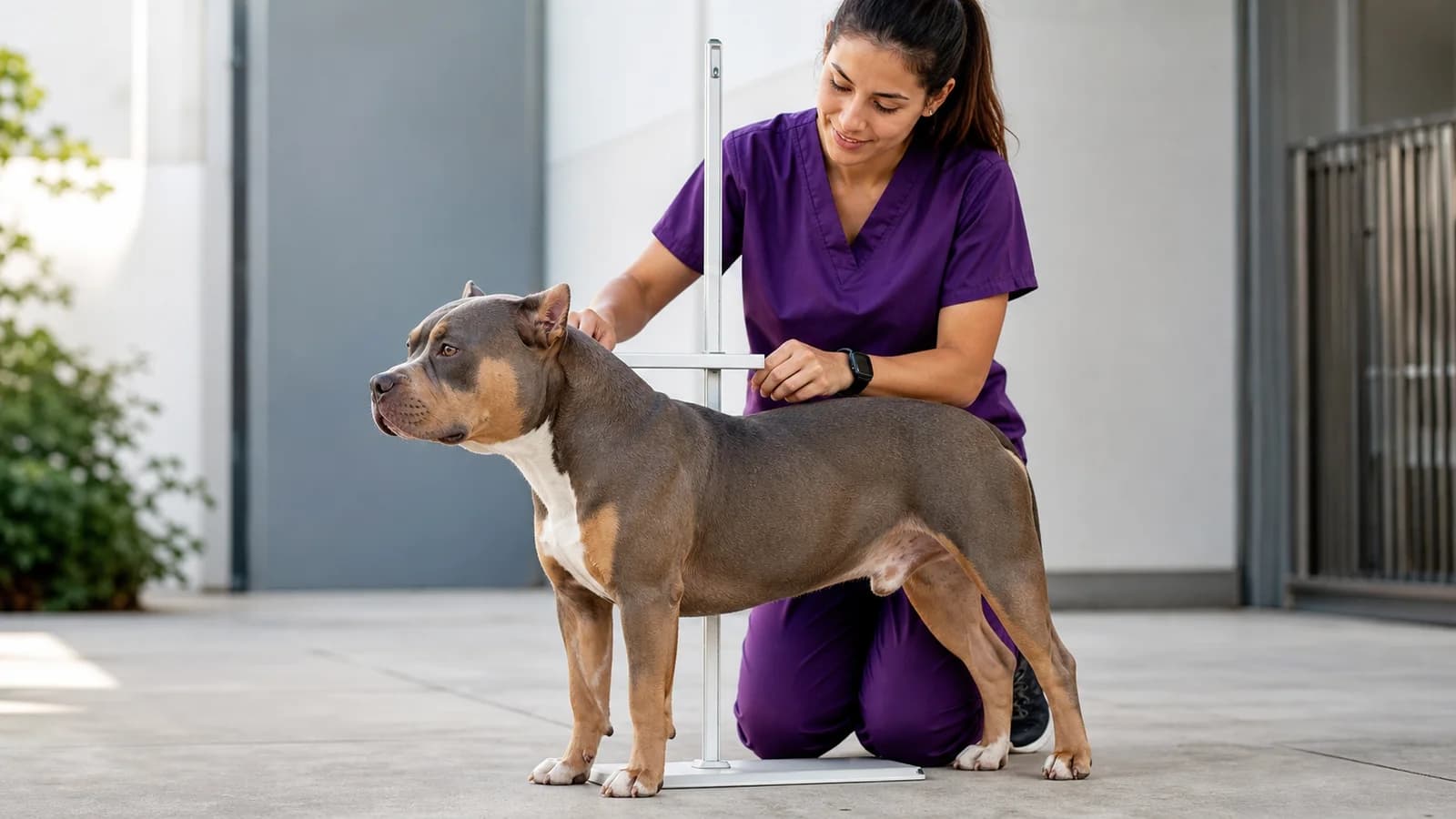 Calm adult Pocket American Bully being measured at the withers on level ground