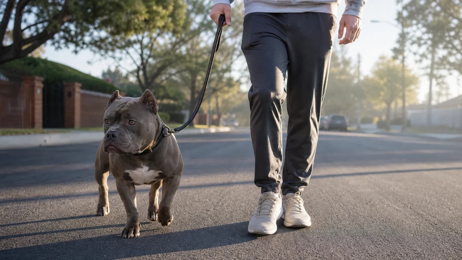 Fit adult Pocket American Bully walking on a loose leash through a neighborhood