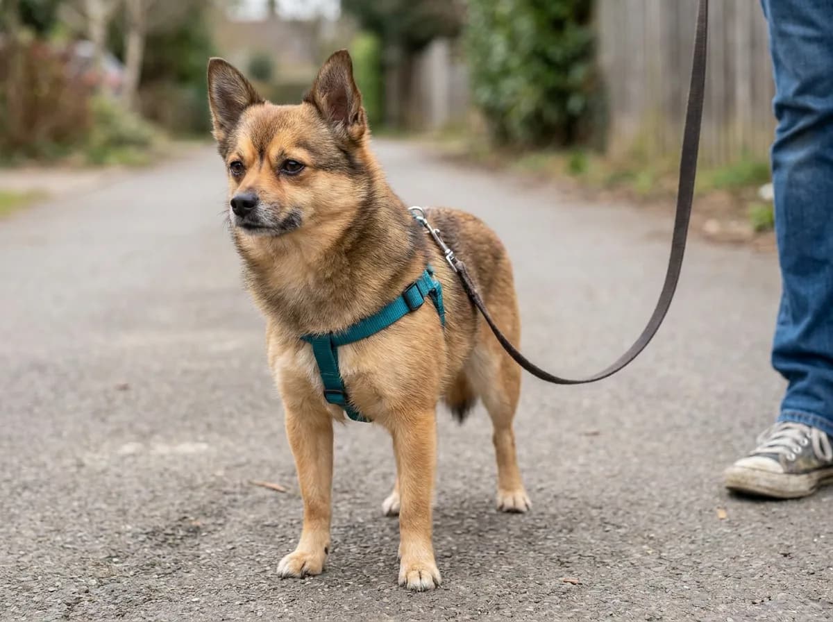 Red sable mixed toy dog wearing a harness on a path