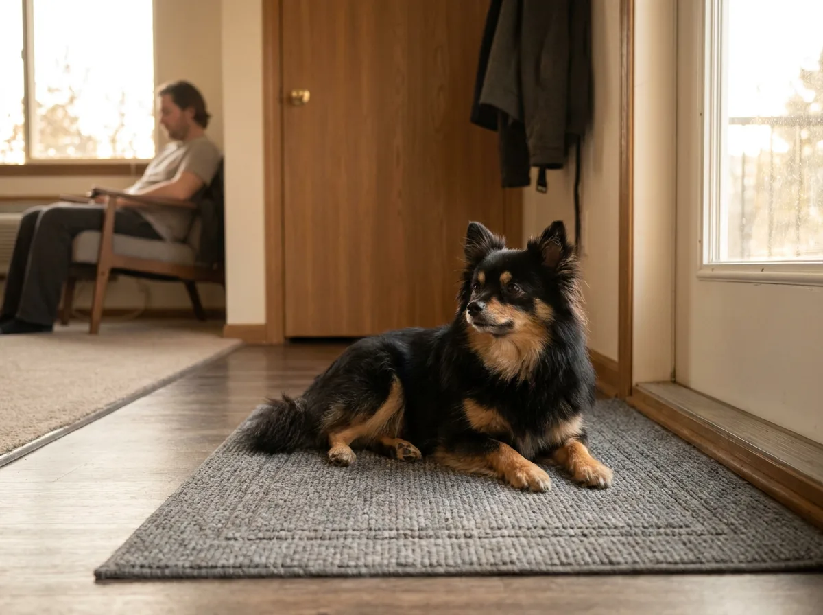 Black-and-tan mixed toy dog resting on a mat by a door