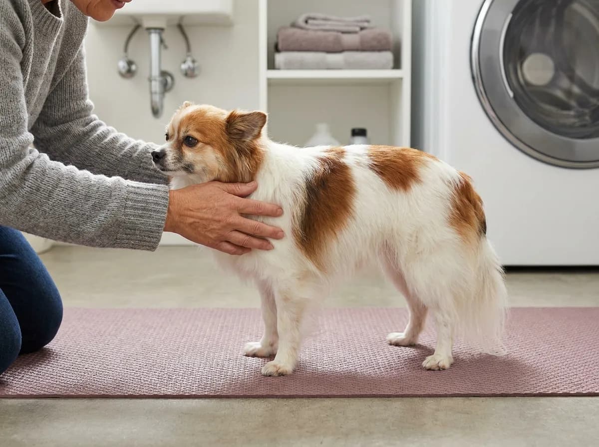 Caregiver checking a white-and-brown mixed toy dog on a mat