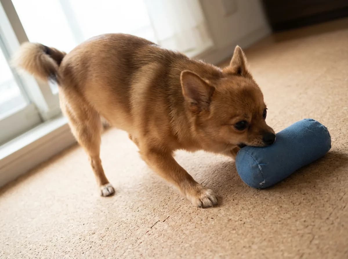 Red mixed toy dog sniffing a blue enrichment roll