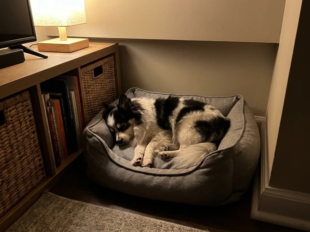 Black-and-white mixed toy dog sleeping in a bed beside a bookcase