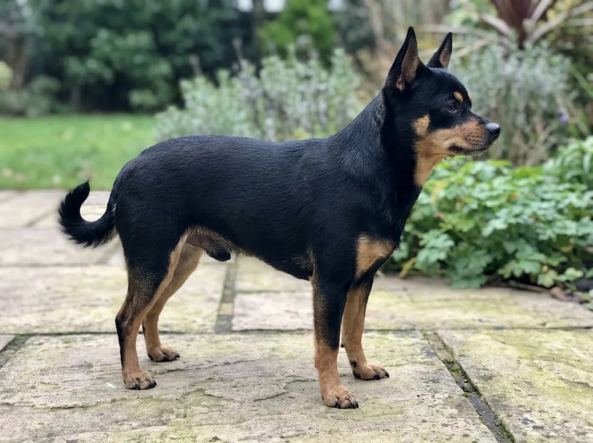 Smooth black-and-tan mixed toy dog standing in side profile