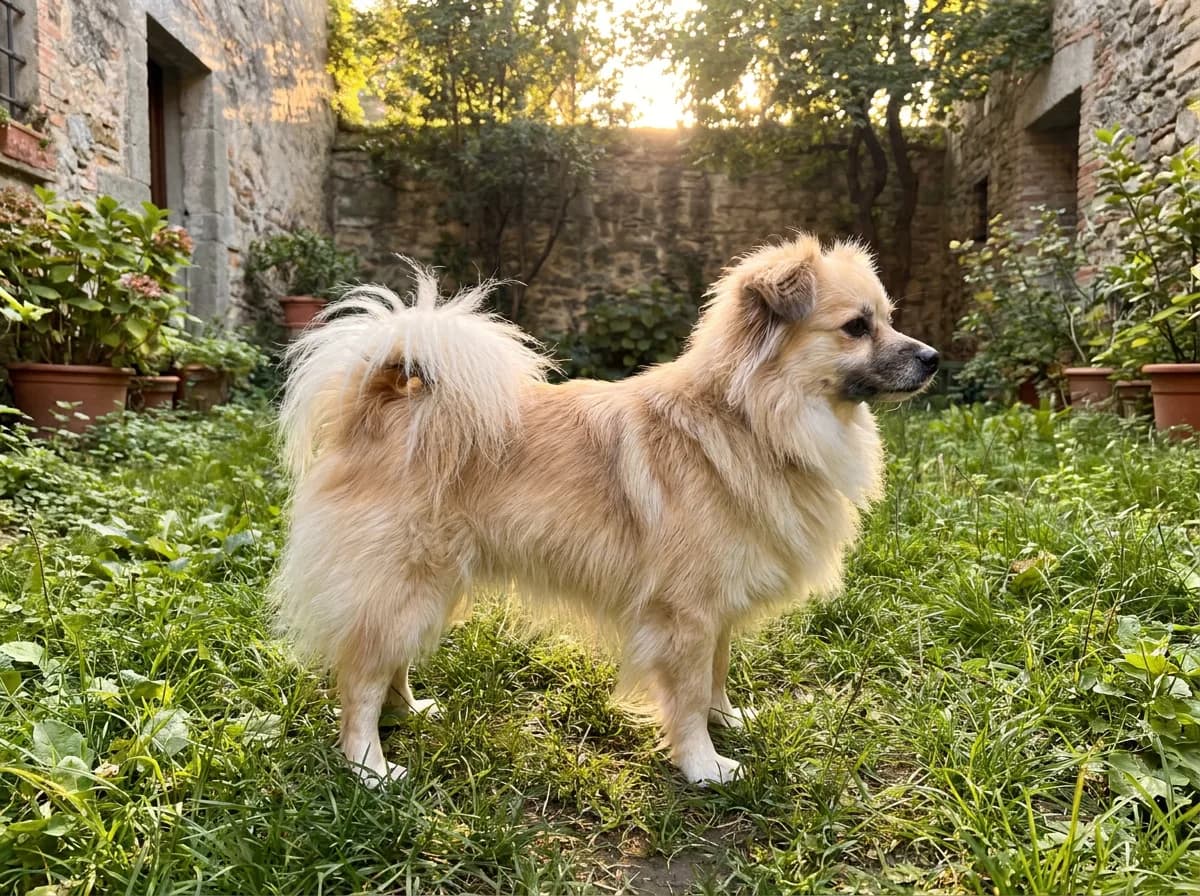 Long-coated cream mixed toy dog standing in a garden