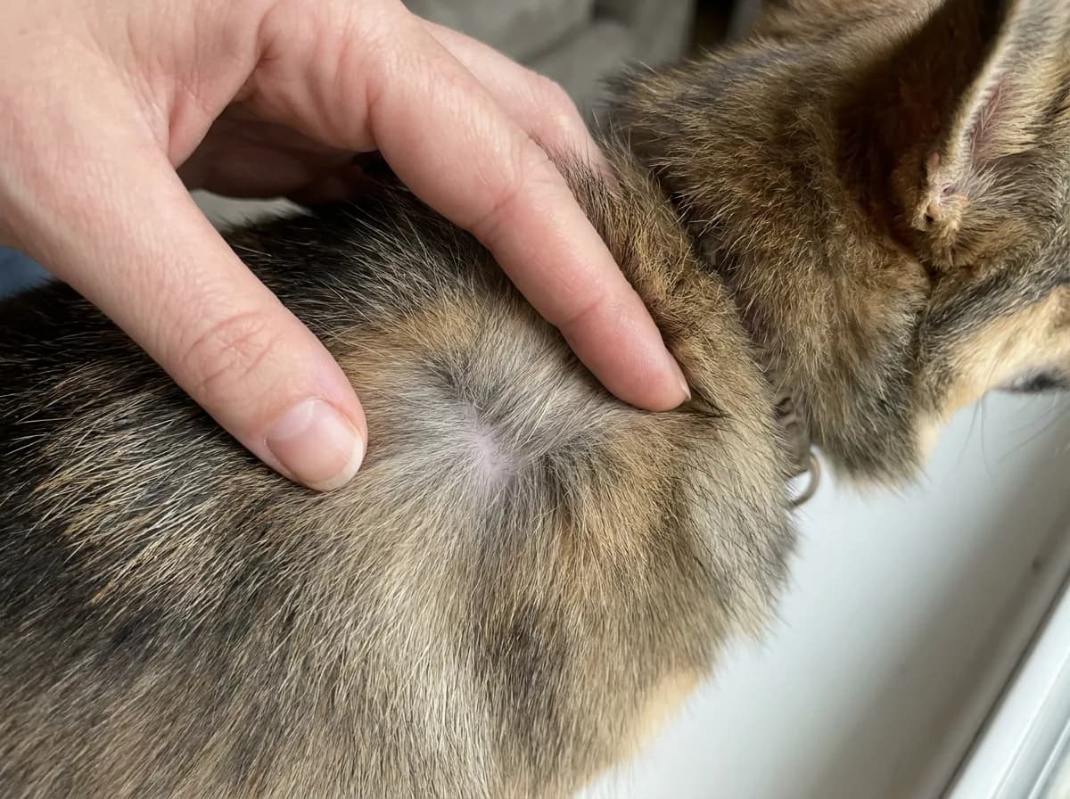 Fingers parting thick fur to reveal the undercoat