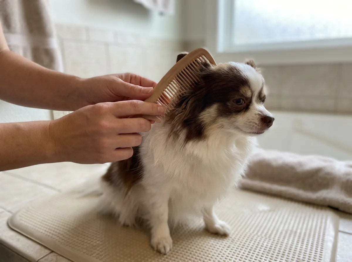 Caregiver combing a white-and-chocolate dog’s coat