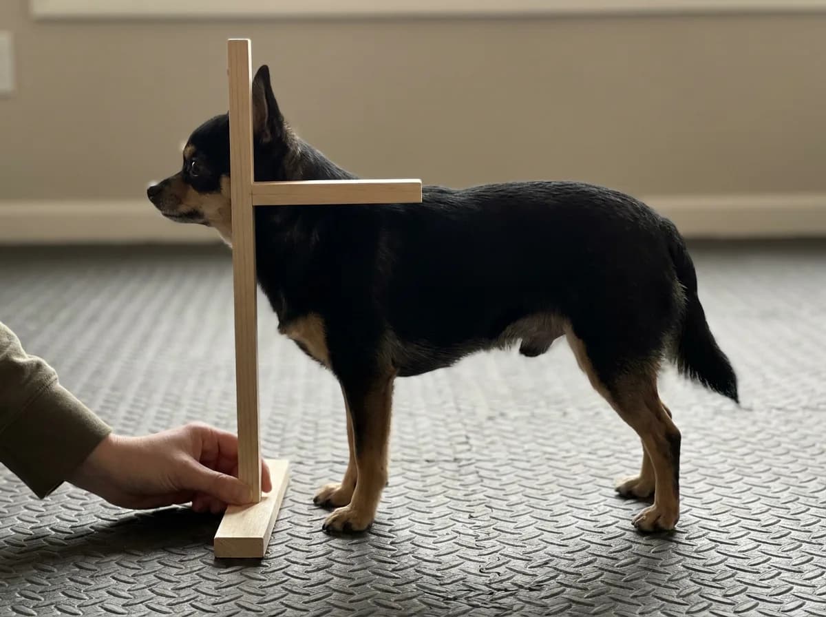 Caregiver using a floor-supported height wicket at the shoulders of a small dog