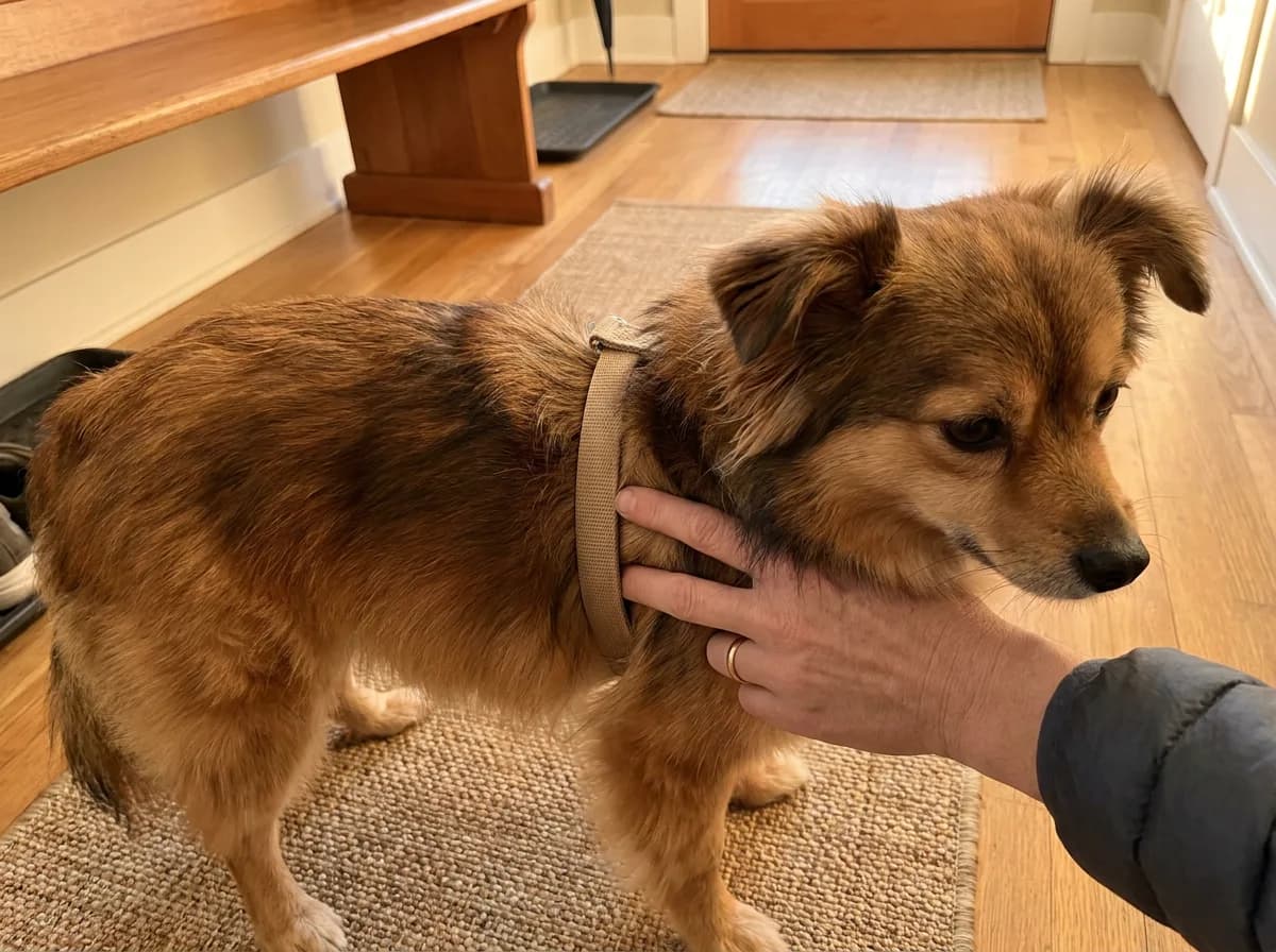 Caregiver checking a harness strap on a red mixed toy dog