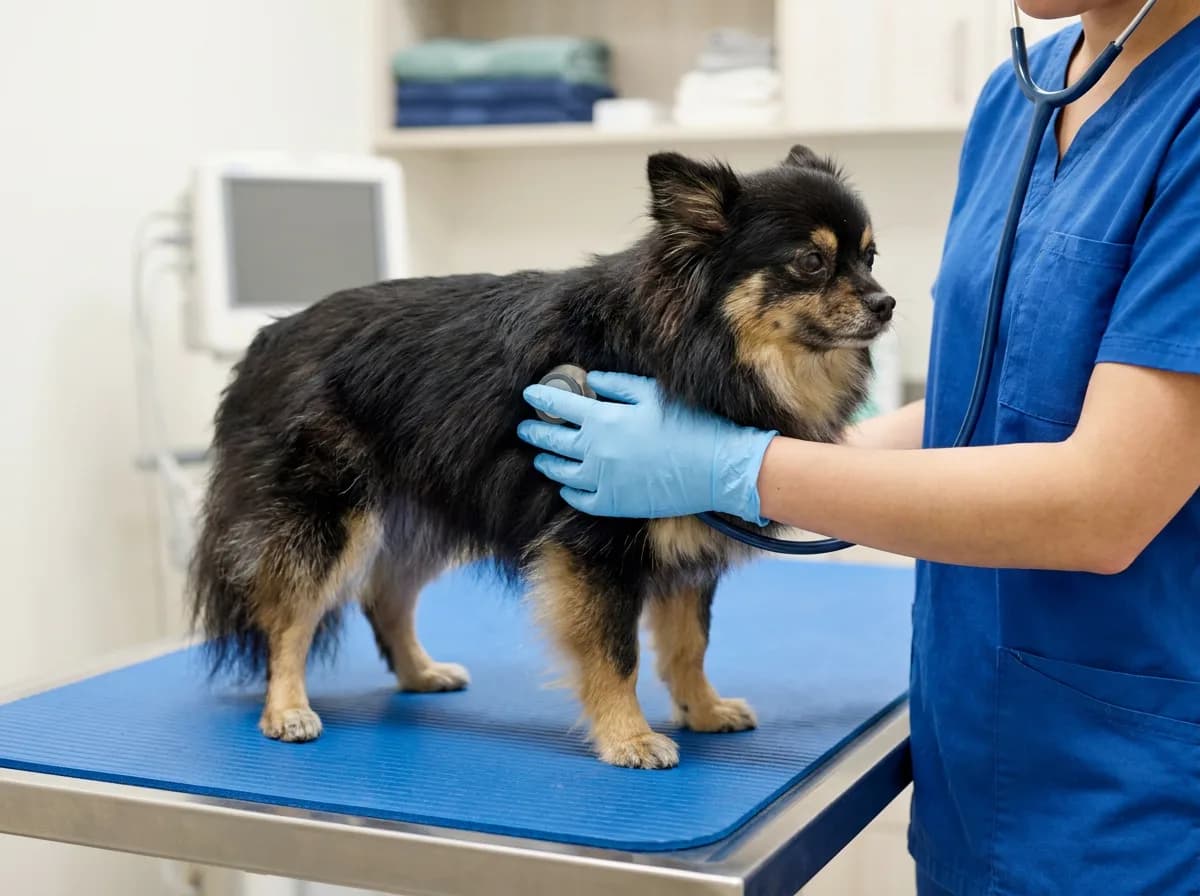 Veterinarian examining a black-and-tan mixed toy dog