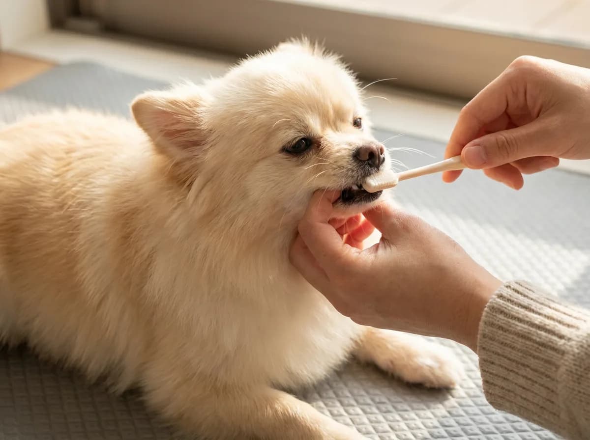 Caregiver brushing a cream dog’s teeth