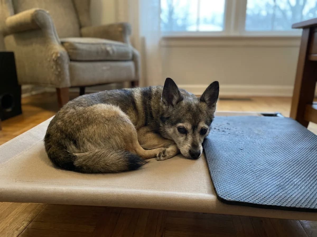 Sable mixed toy dog resting on a low supported cot