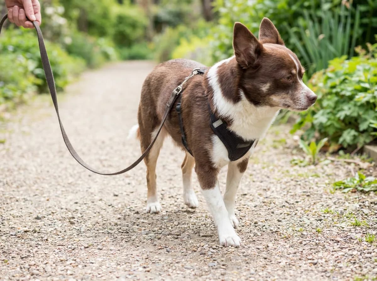 Chocolate-and-white mixed toy dog walking in a harness
