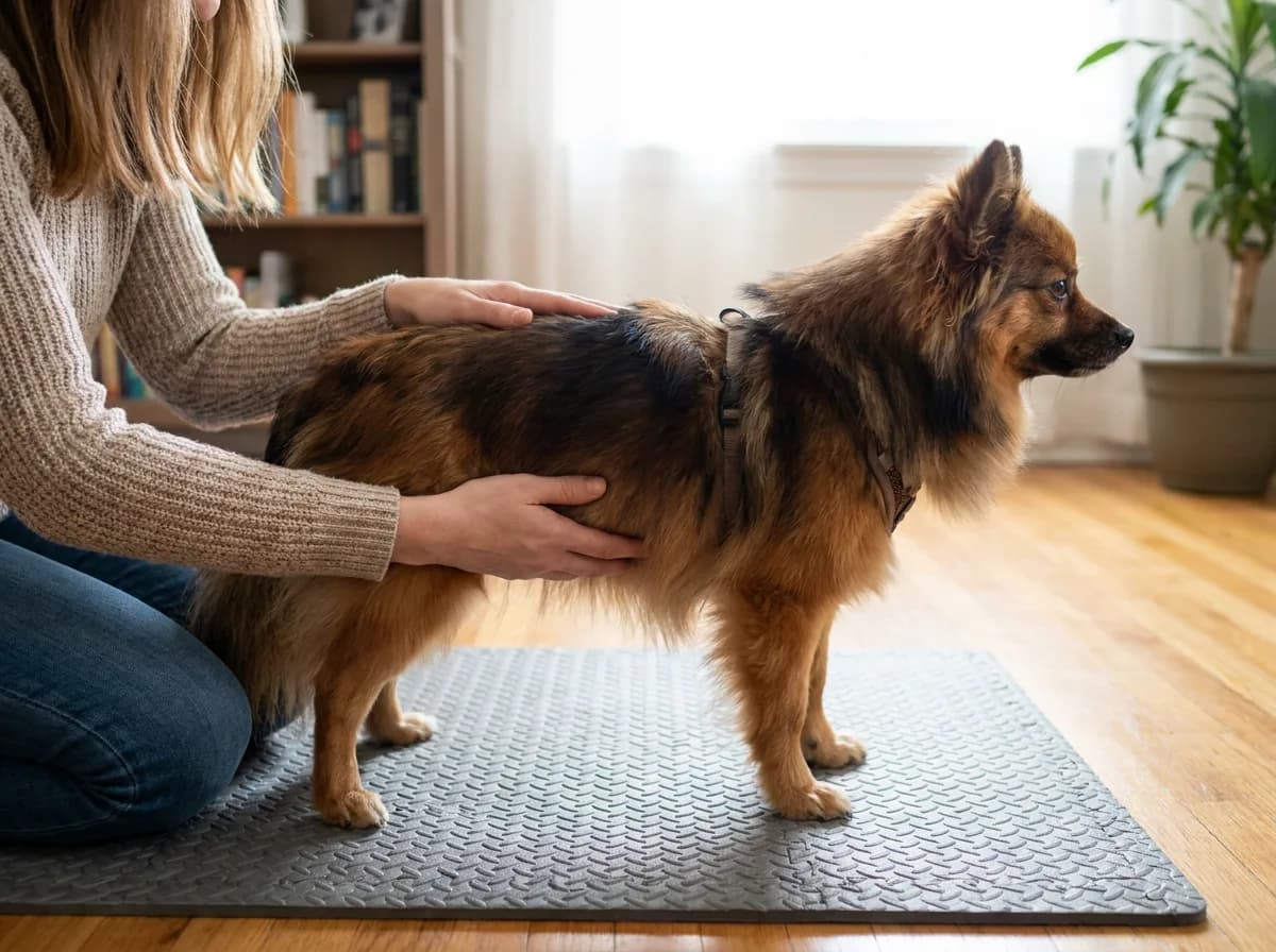Hands checking body condition on a long-coated red dog
