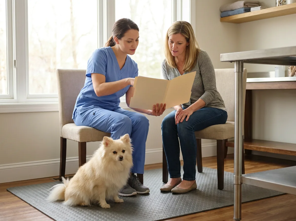 Veterinarian and owner reviewing records with a cream dog nearby