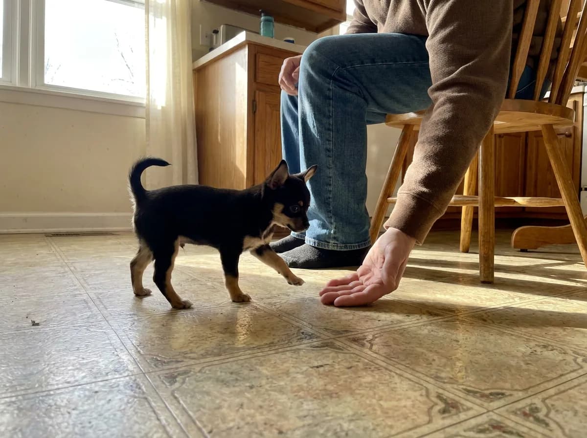Black-and-tan puppy approaching a caregiver’s hand
