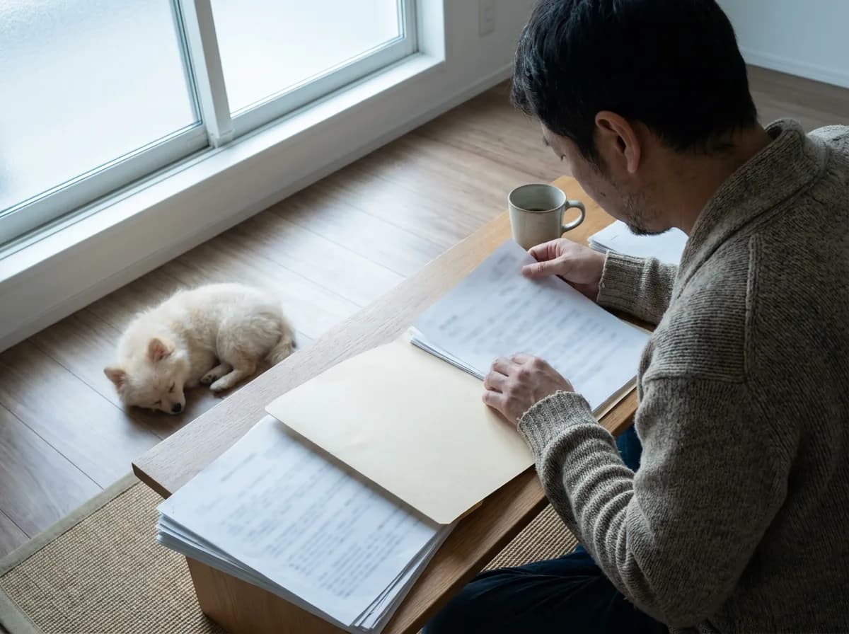 Adult reviewing records while a cream puppy rests nearby