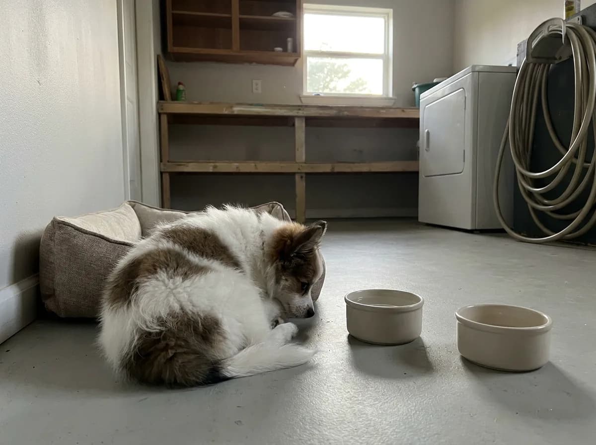 White-and-brown puppy sleeping near its bed and bowls