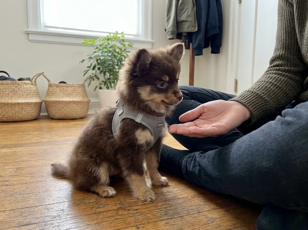 Chocolate mixed toy puppy wearing a harness beside a caregiver