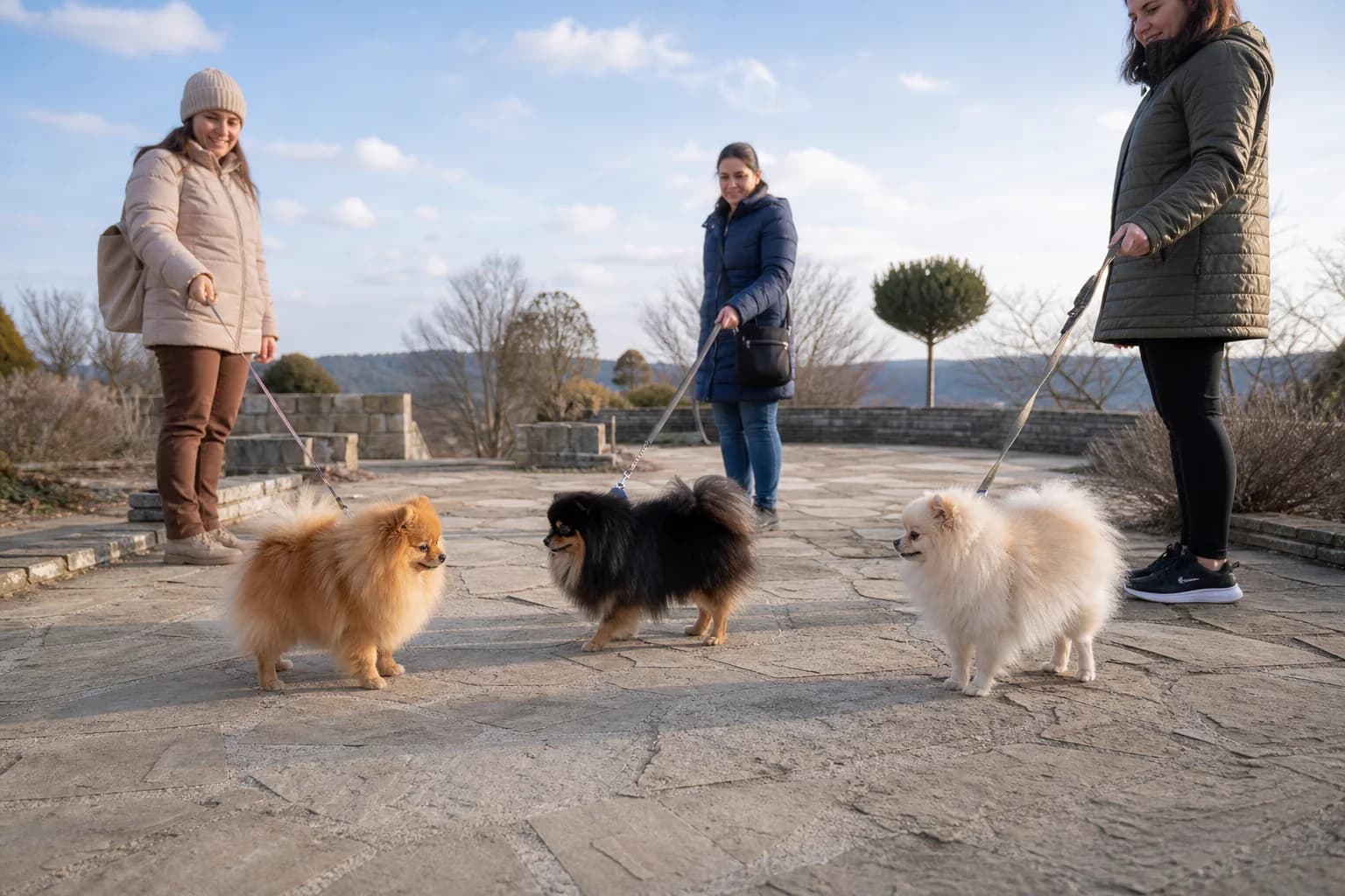 Orange, black-and-tan, and cream Pomeranians standing with handlers on a stone terrace