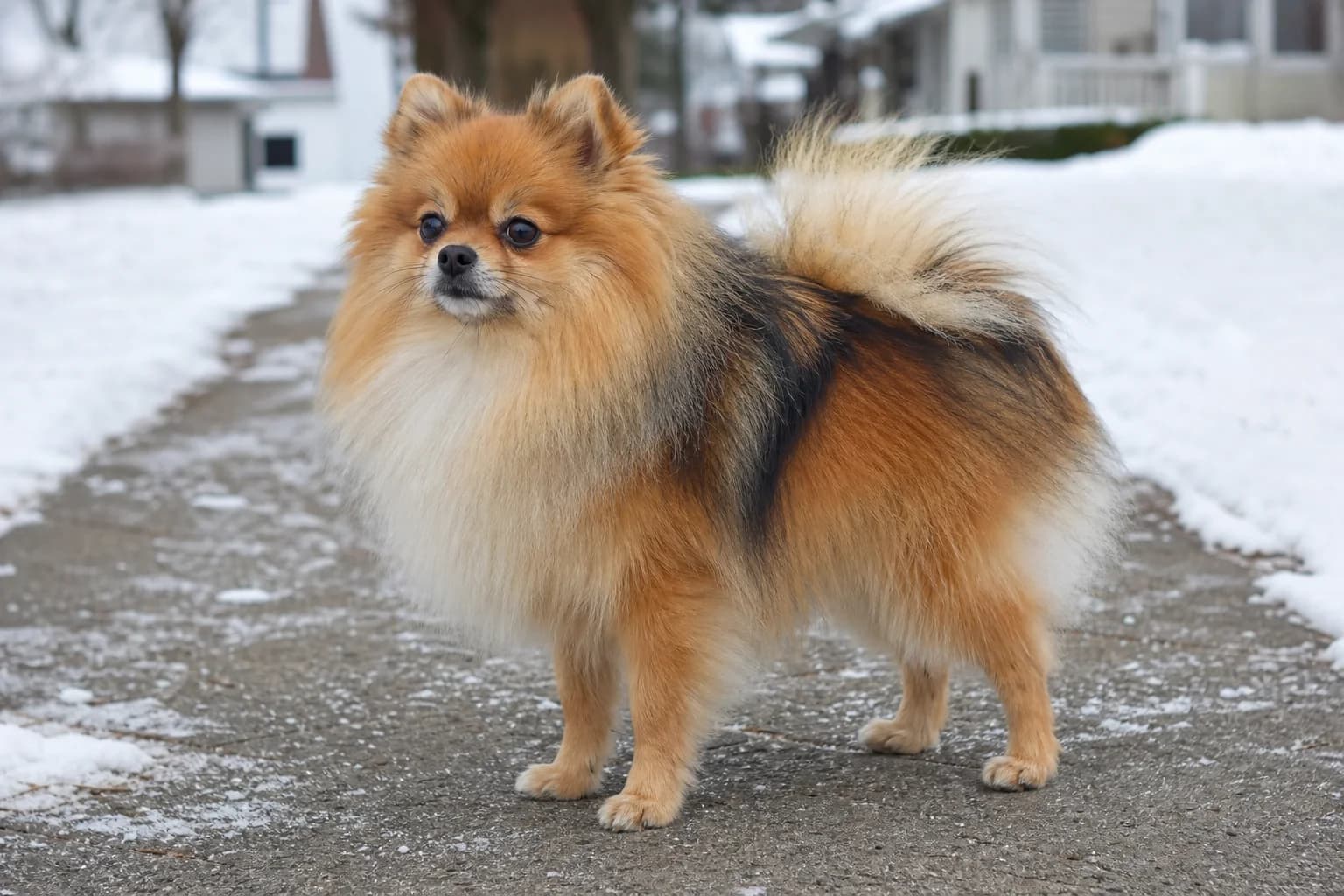 Orange-sable Pomeranian with dark-tipped guard hairs and a cream chest standing on a cleared snowy lane