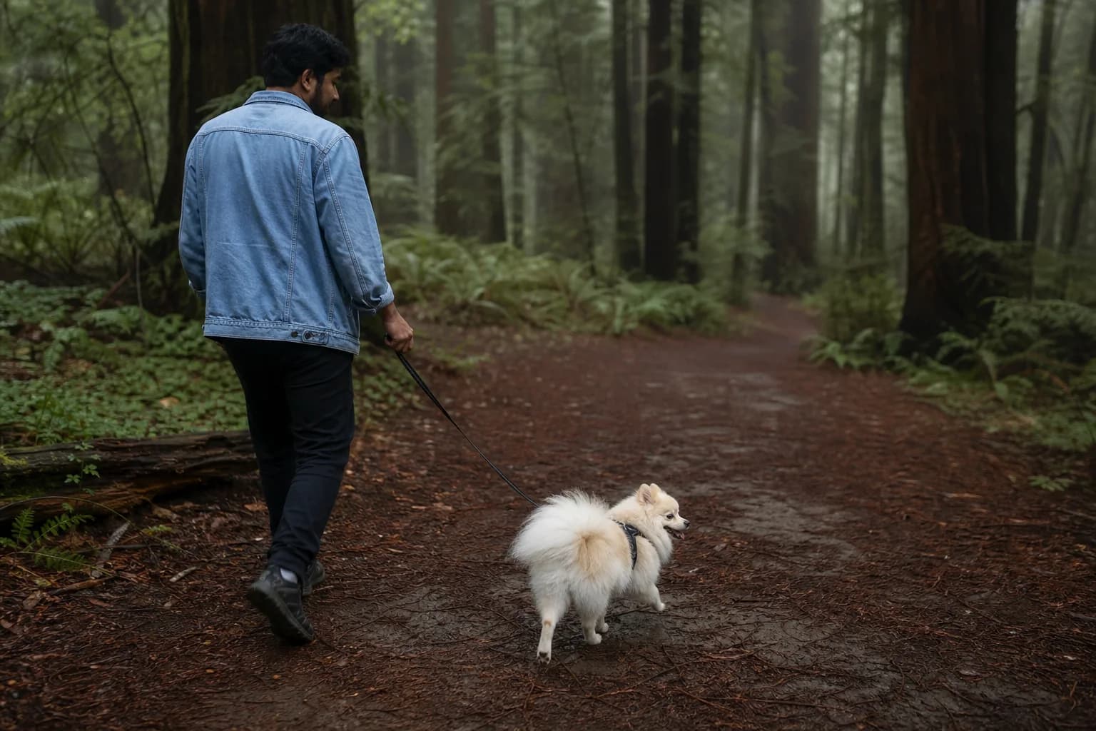 Cream Pomeranian in a fitted harness walking on leash along a shaded redwood trail