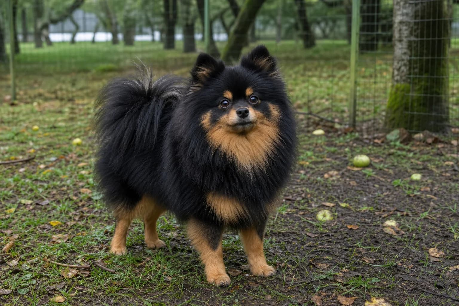 Black-and-tan Pomeranian standing in a securely fenced damp orchard